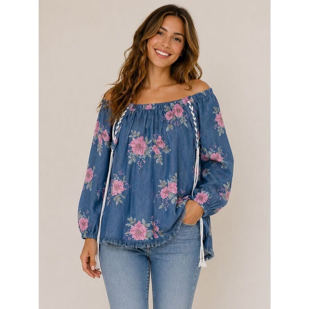 Ali miles Tencel Peasant top tunic rope grommets blues pink floral raw hem L